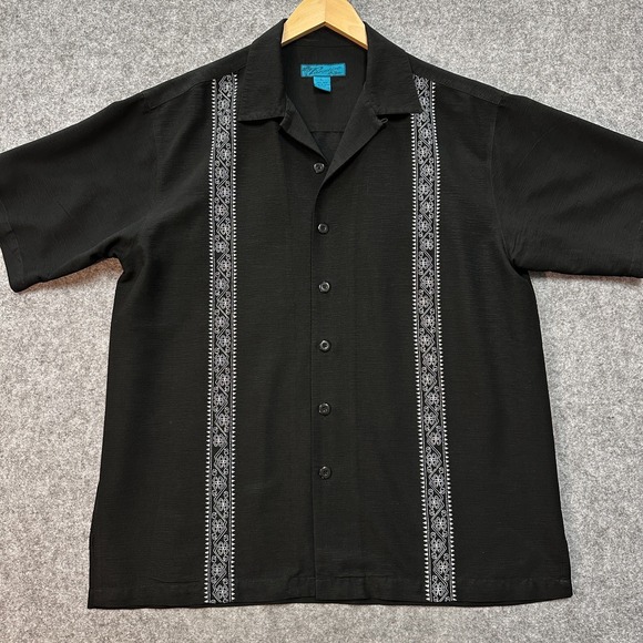 Paradise Blue Other - Paradise Blue Shirt Mens L 100% Silk Black with White Guayabera Rockabilly Style